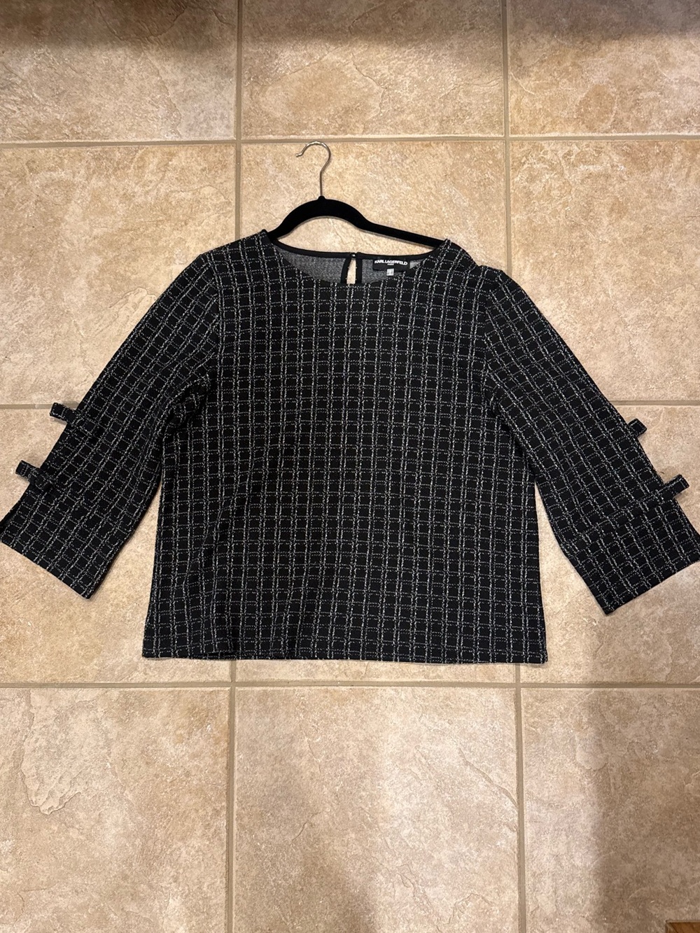 Karl Lagerfeld Black and White Tweed Print Bow-Sleeve Top